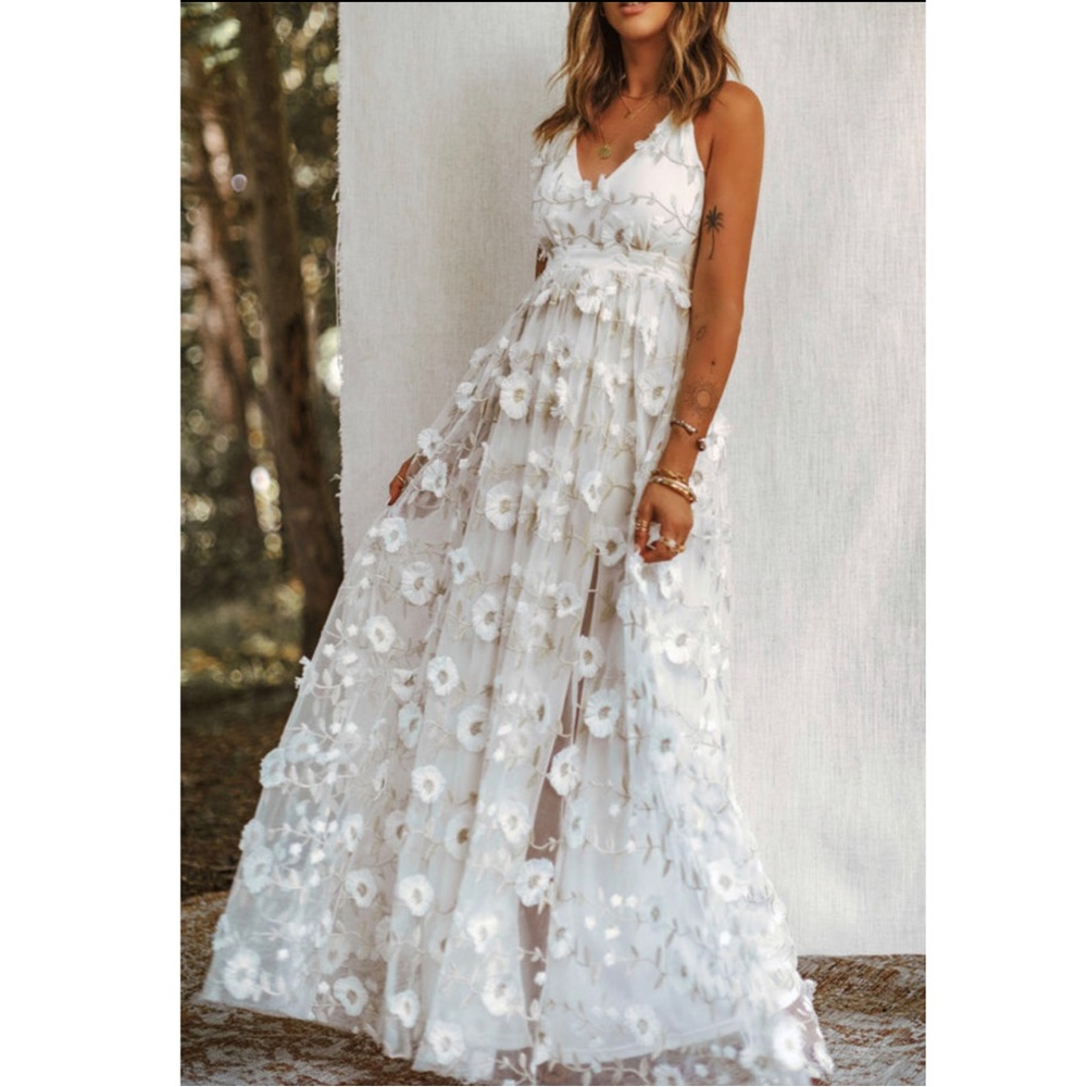 White Floral High Slit Maxi Dress